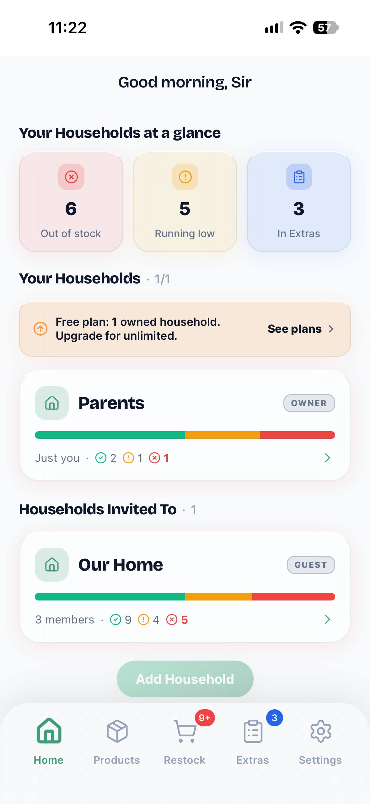 The Households screen, listing multiple shared households with live stock status.