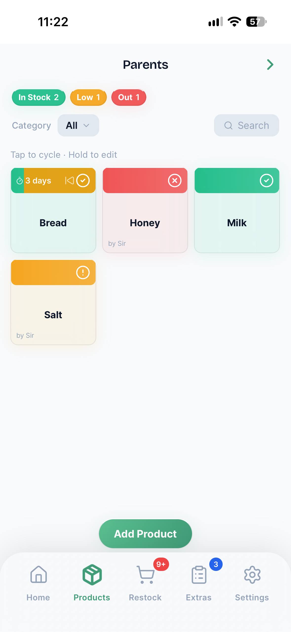 The Stocked Products screen, showing items marked In Stock, Running Low, and Out with a single tap.
