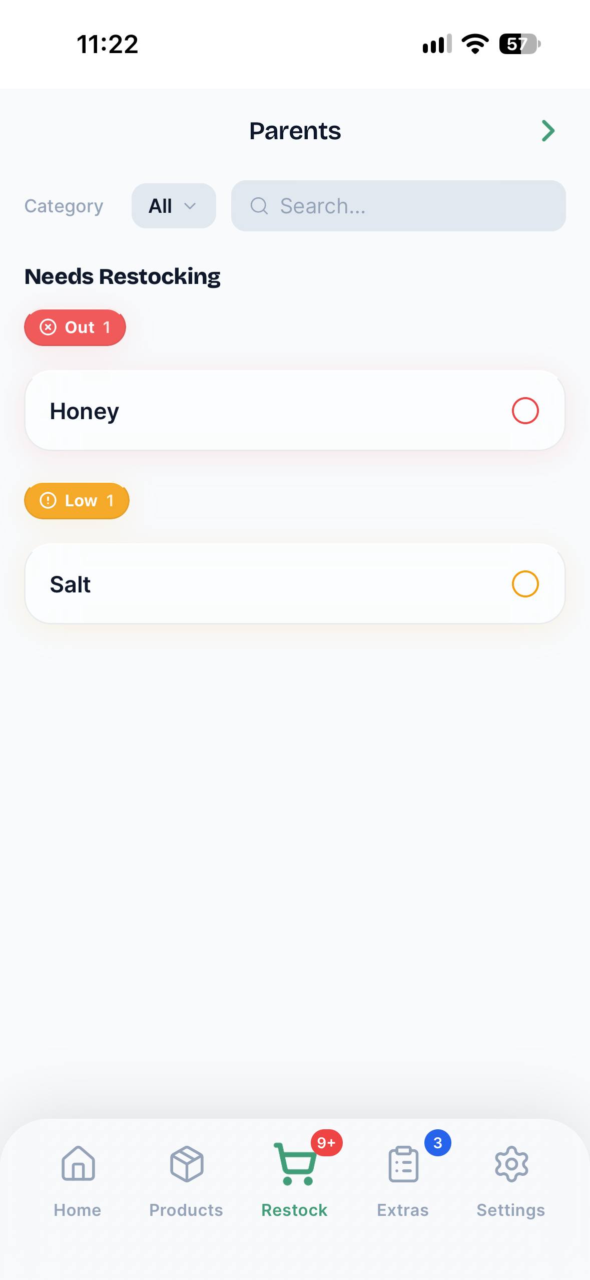 The Restock screen, listing every item currently low or out of stock.