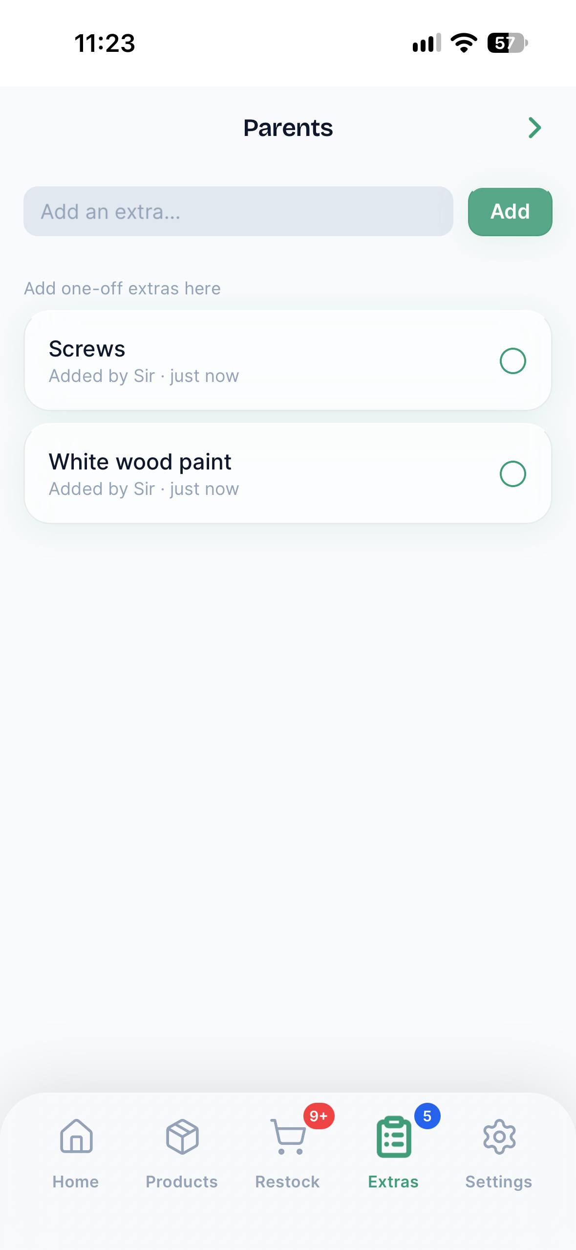 The Extras screen, a one-off shopping list shared with the household.